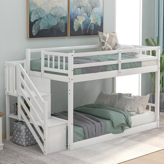 White wooden bunk bed with stairs and storage