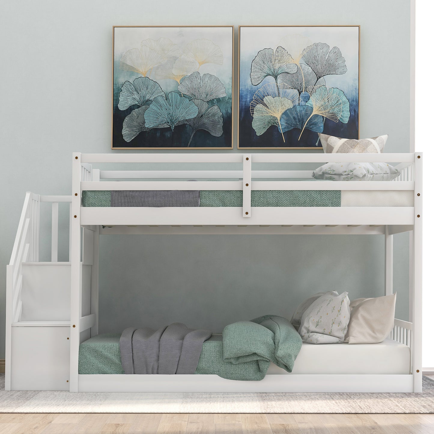 White wooden bunk bed with stairs