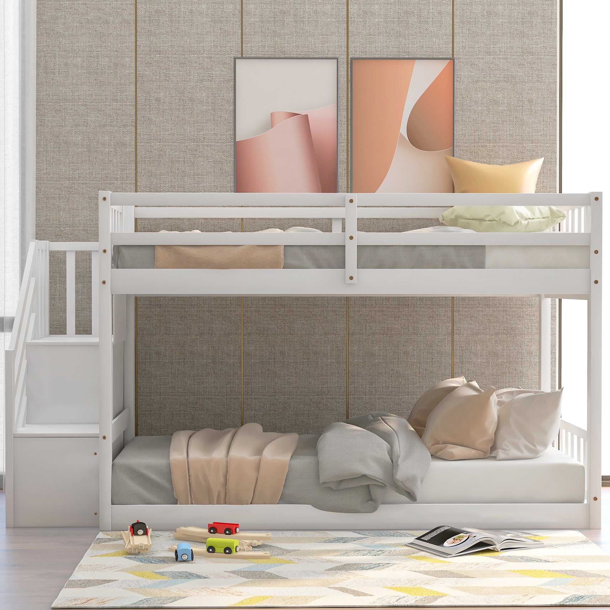 White wooden bunk bed with stairs and bedding