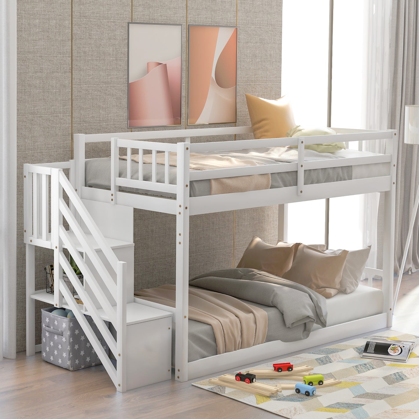 White wooden bunk bed with stairs and storage
