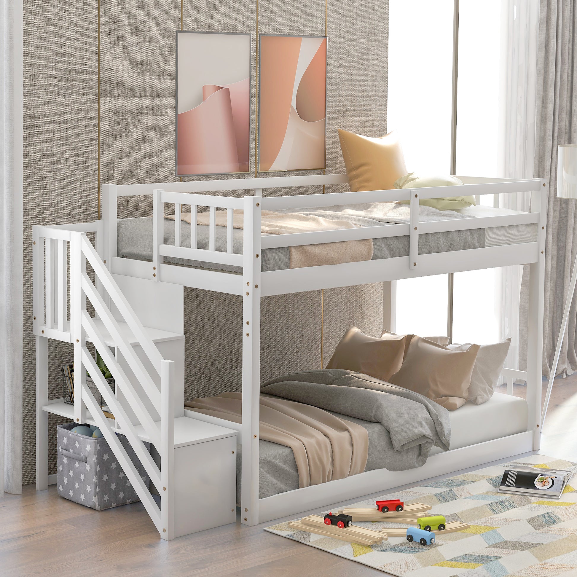White wooden bunk bed with stairs and storage