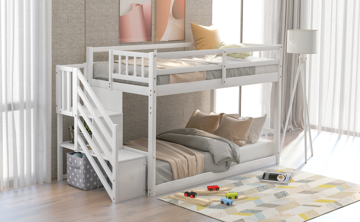 White wooden twin over twin bunk bed with stairs for kids
