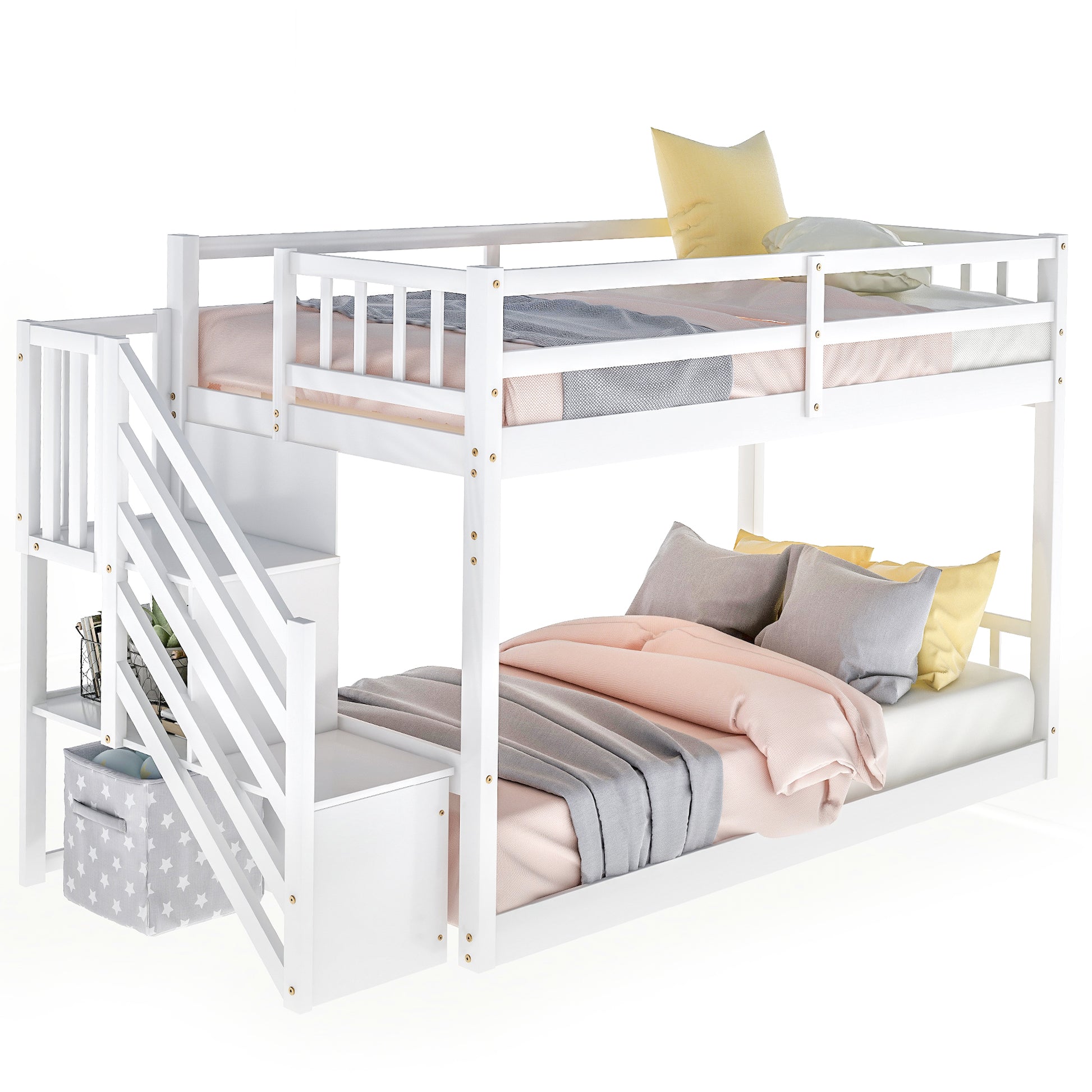 White wooden bunk bed with stairs for kids