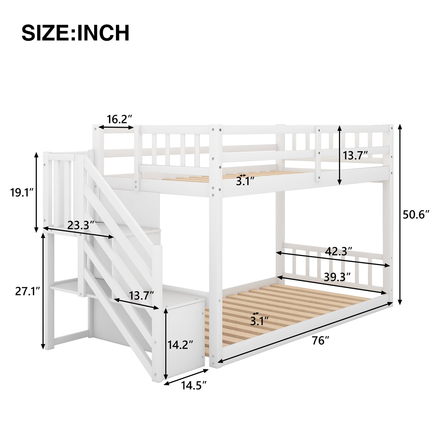 White wooden bunk bed with storage stairs and dimensions clearly marked