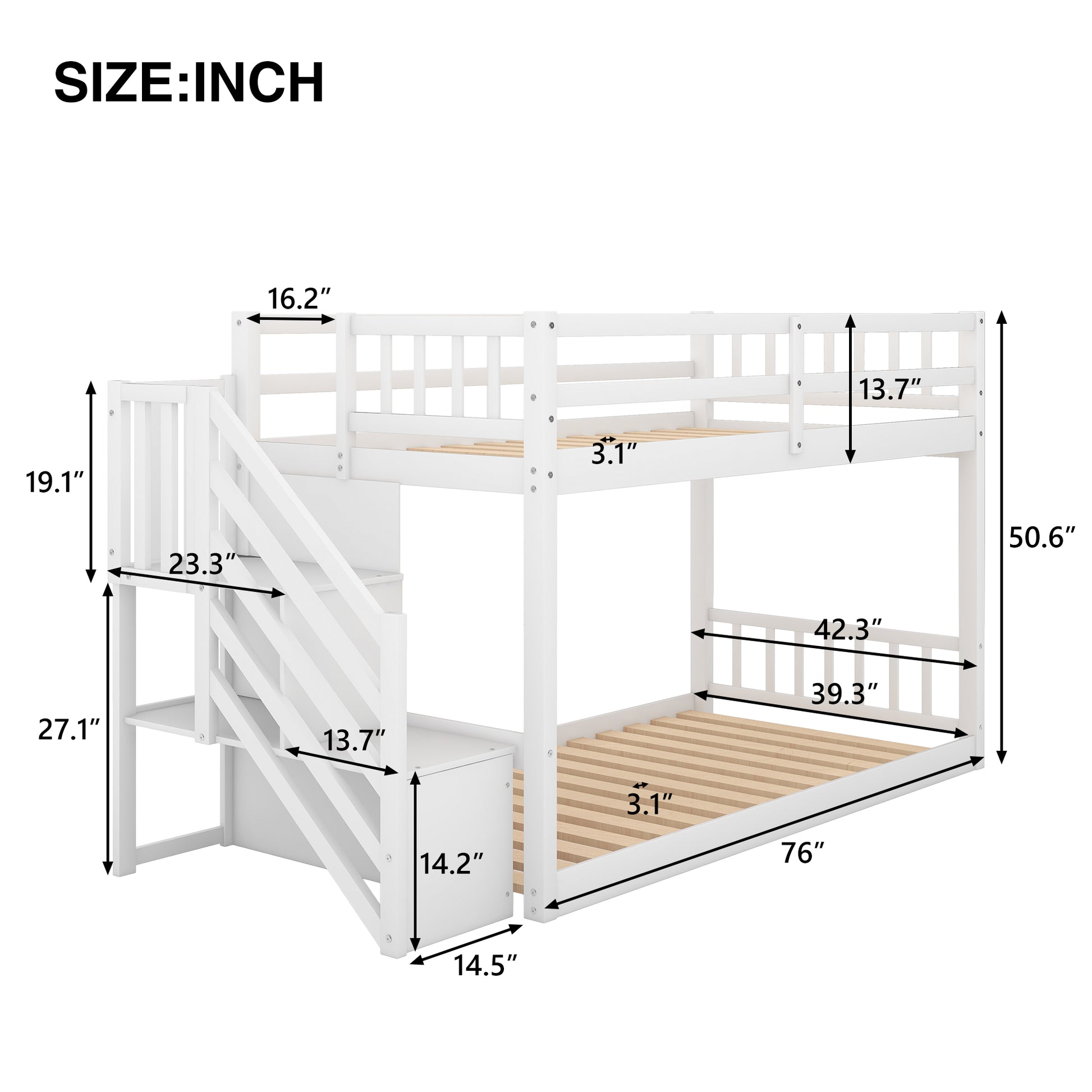 White wooden bunk bed with storage stairs and dimensions clearly marked