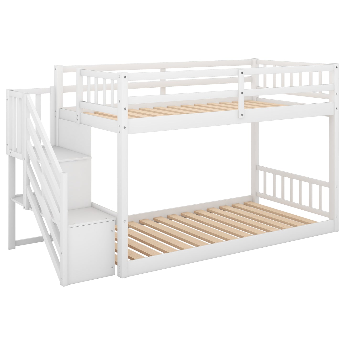 White wooden bunk bed with stairs and storage