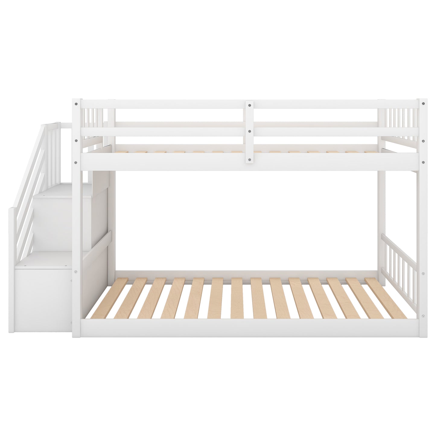 White wooden bunk bed with integrated storage drawers and steps
