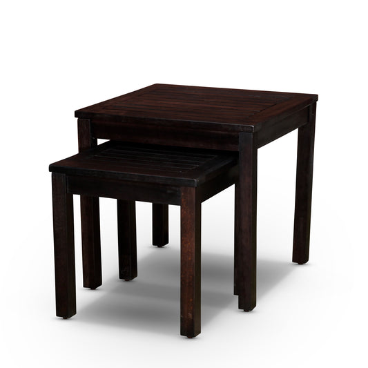 Dark wood nesting tables with slatted tops and clean lines perfect for small spaces