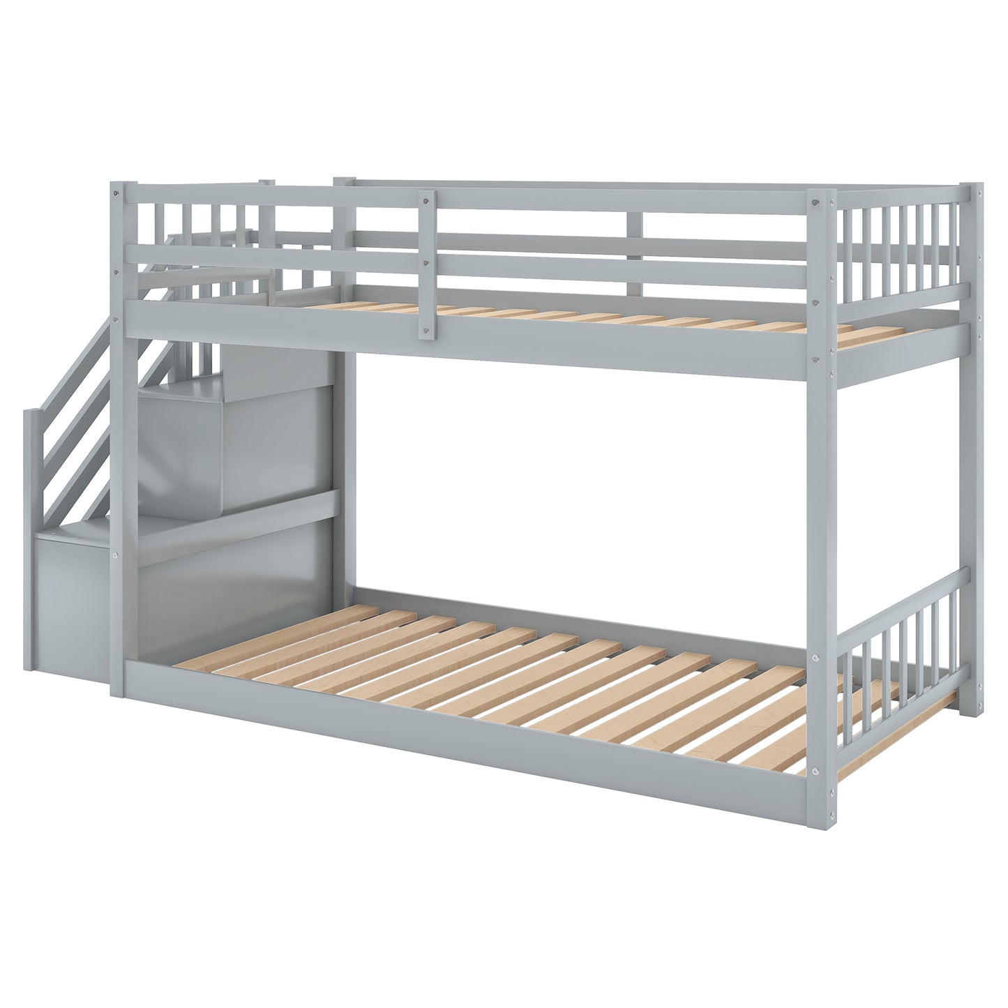 Gray wooden bunk bed with stairs and storage