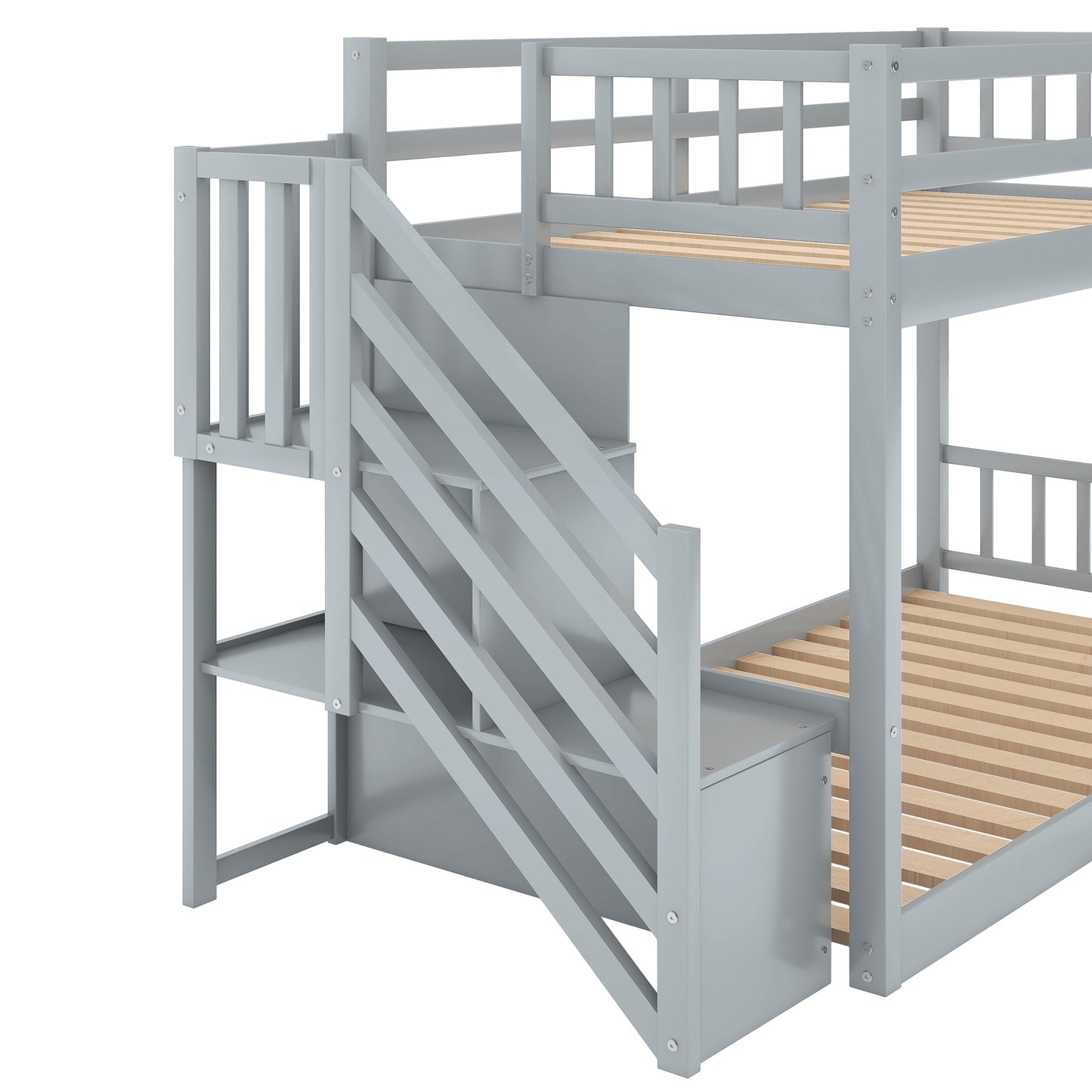 Grey wooden bunk bed with builtin staircase