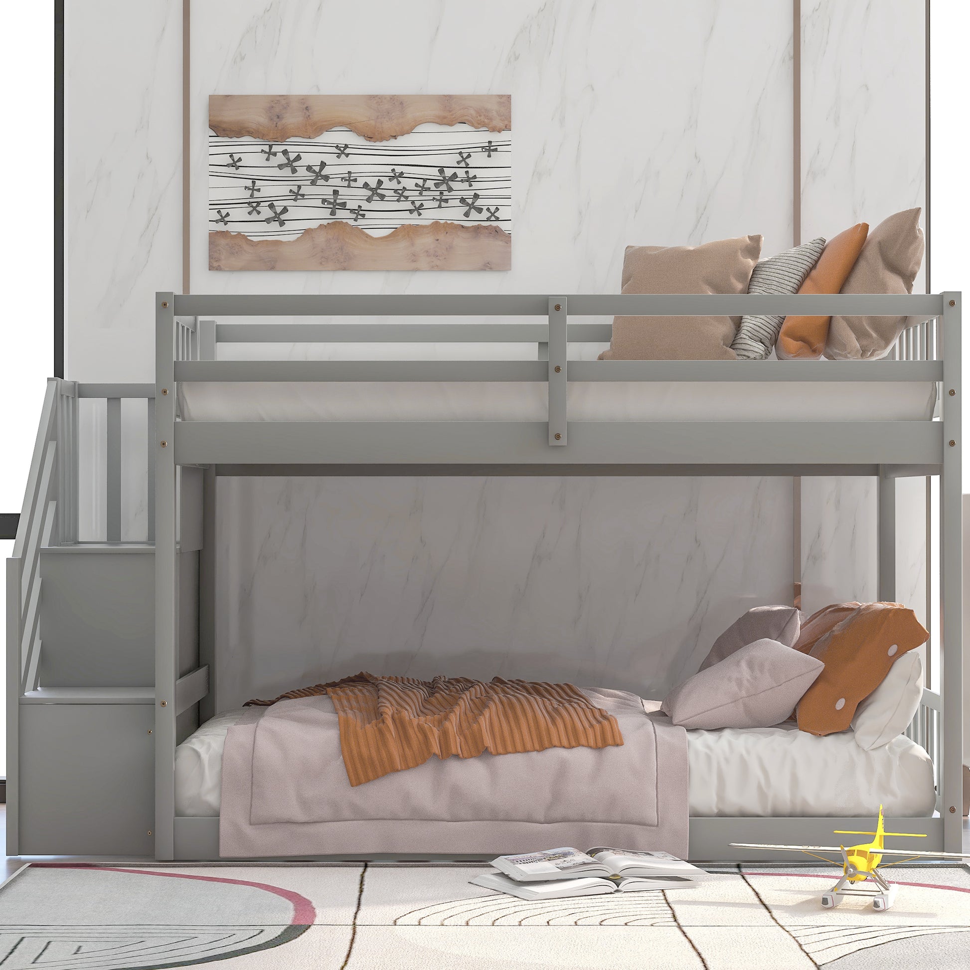 Gray twin over twin bunk bed with stairs