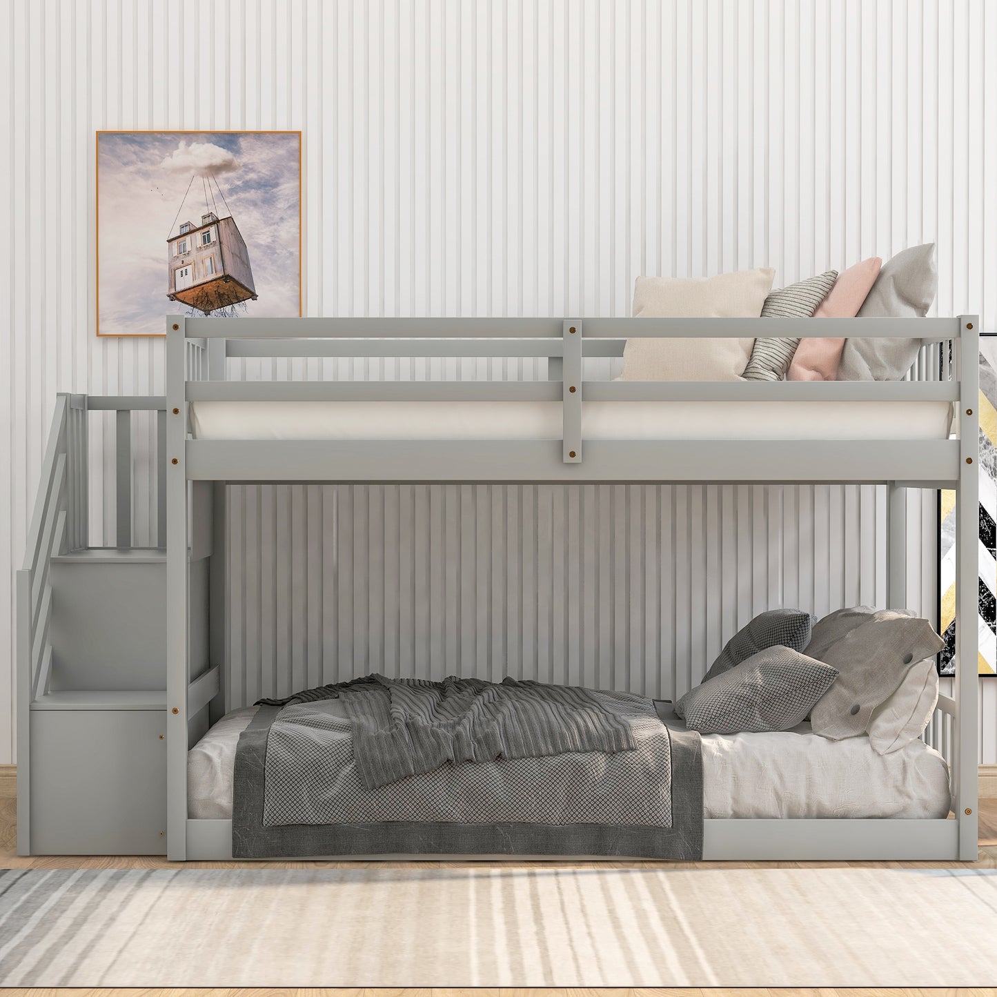 Gray wooden twin over twin bunk bed with stairs