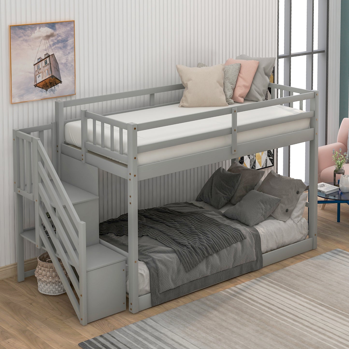 Gray wooden bunk bed with stairs for children