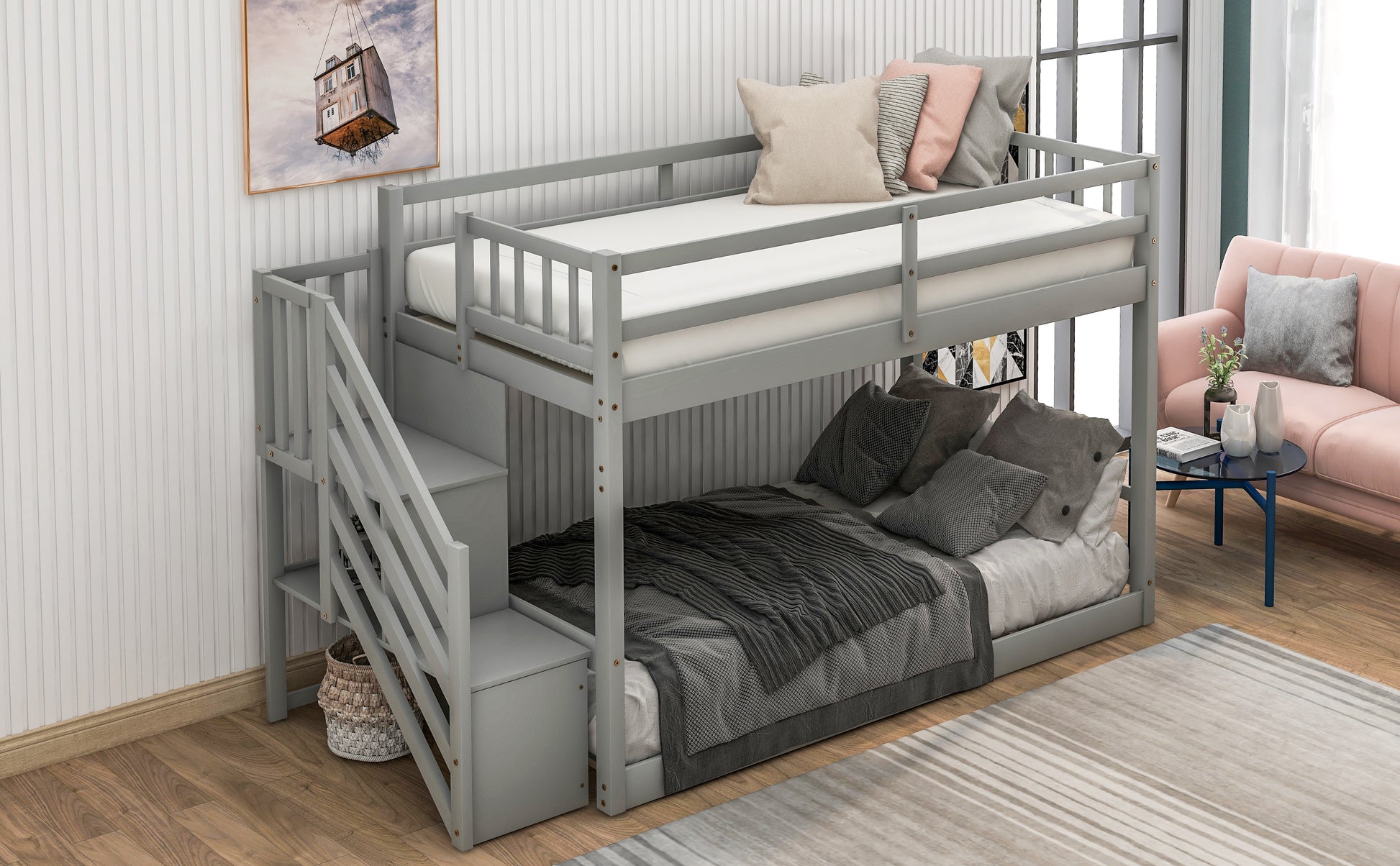 Gray wooden bunk bed with integrated stairs and storage drawers for kids