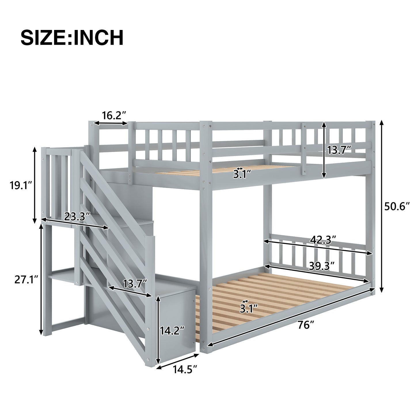Gray wooden twin over twin bunk bed with stairs and storage