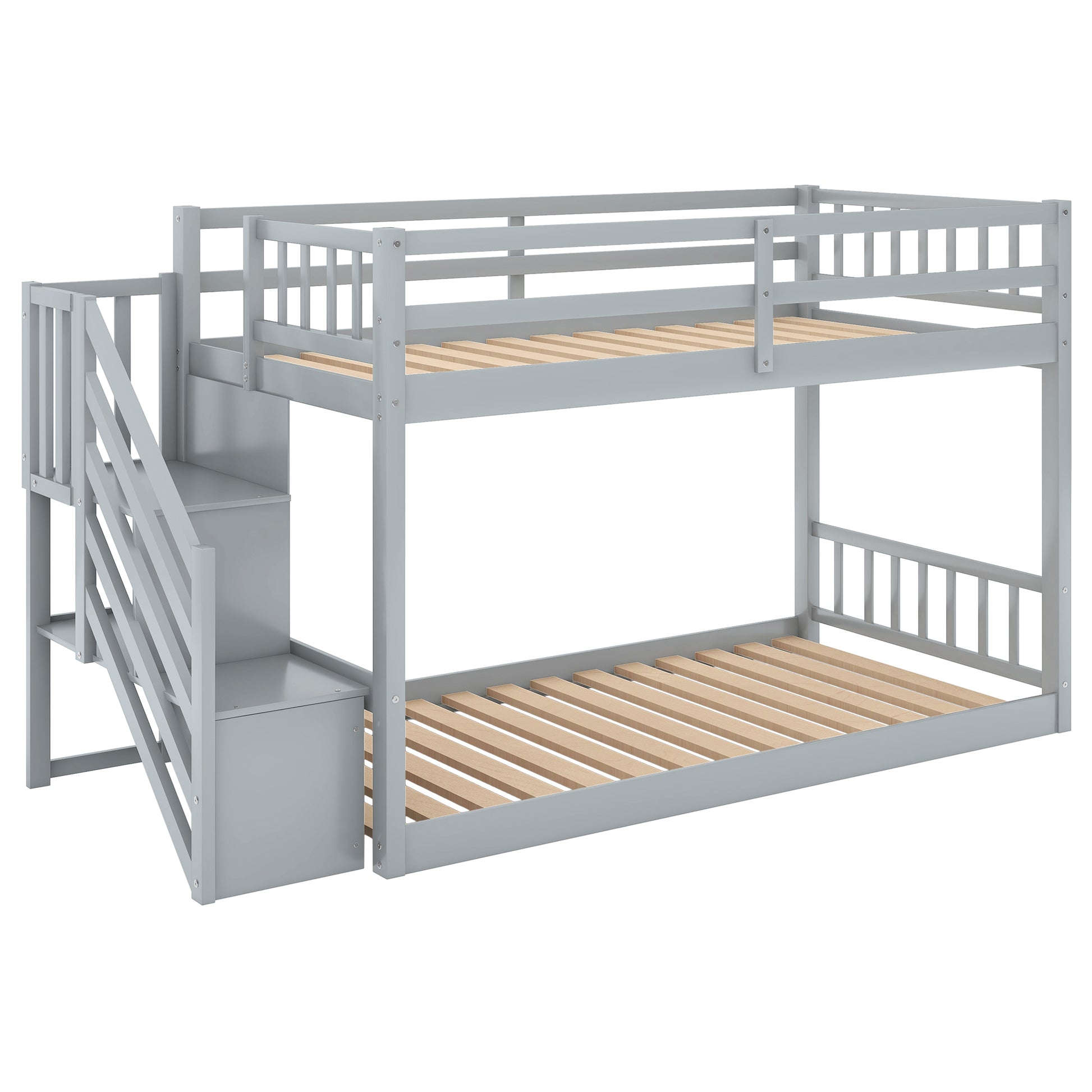 Gray wooden bunk bed with stairs and storage