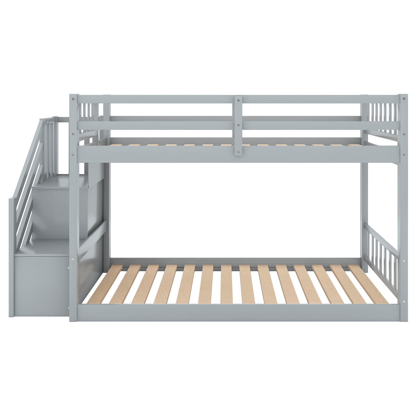 Gray wooden bunk bed with stairs and storage drawers for kids