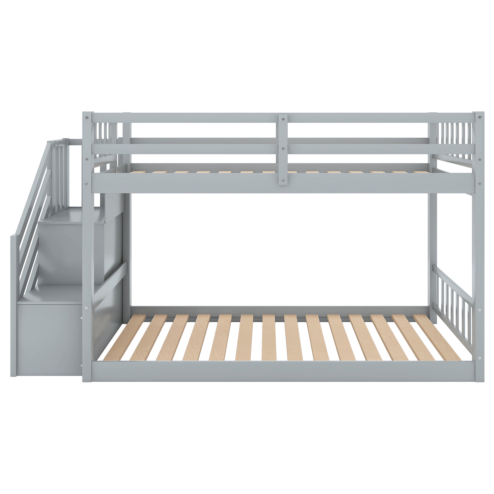 Gray wooden bunk bed with stairs and storage drawers for kids