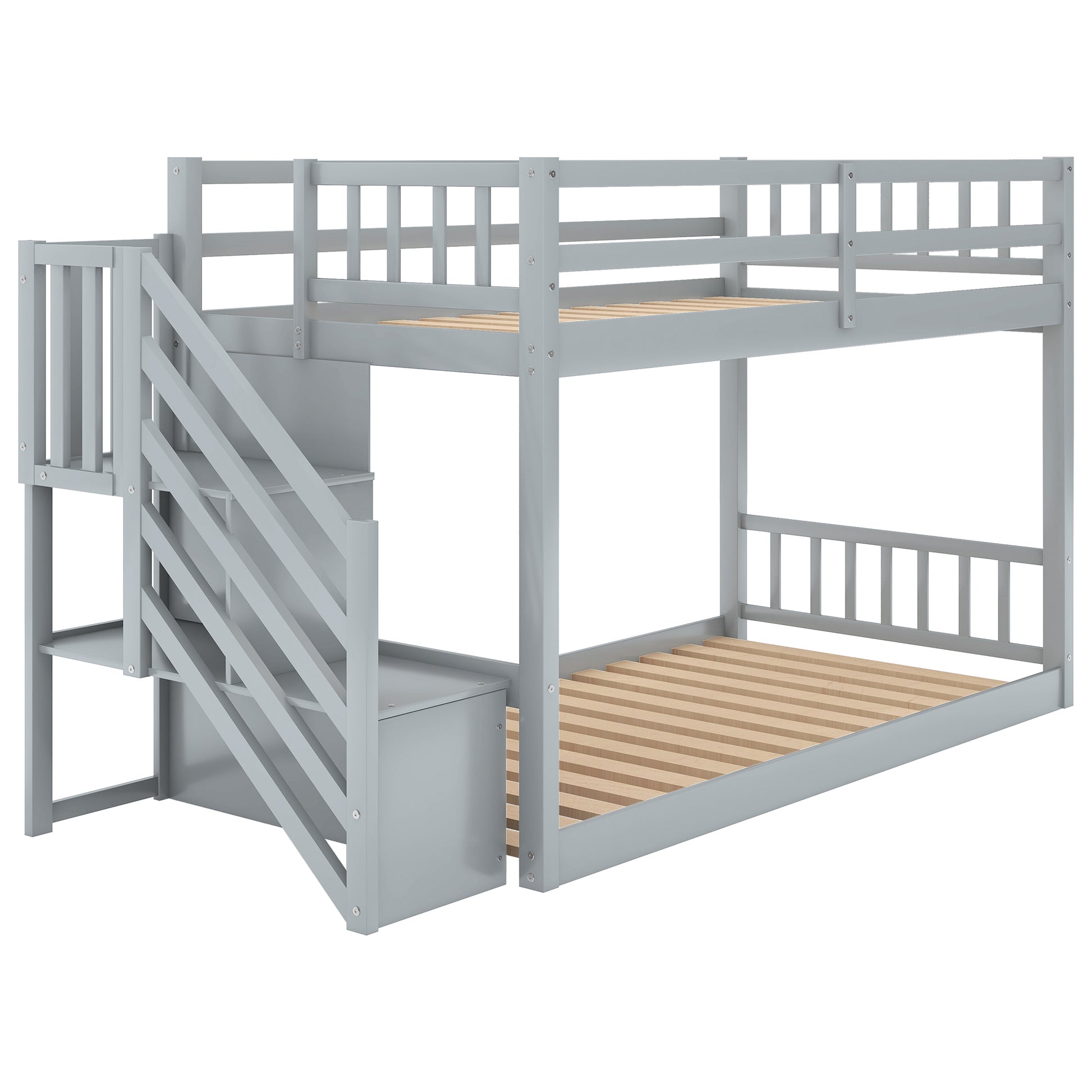 Grey wooden bunk bed with stairs and storage