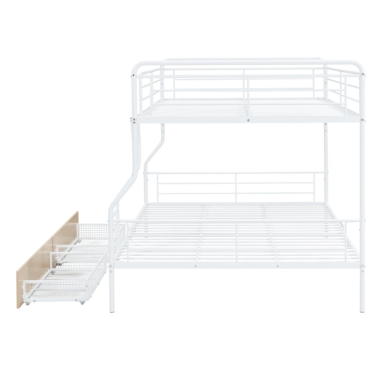 White metal bunk bed frame with two drawers visible underneath