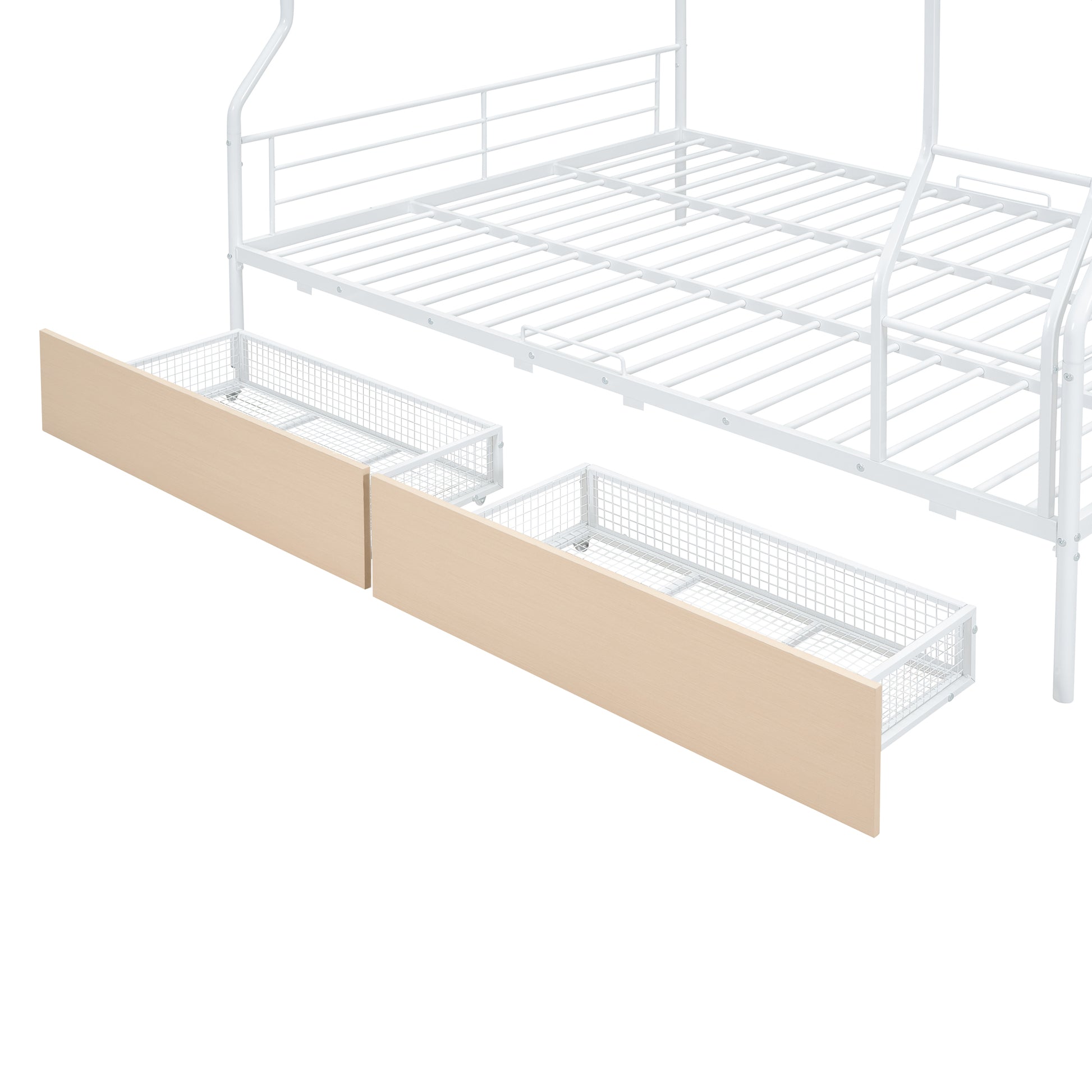 White metal bunk bed frame with two pullout storage drawers