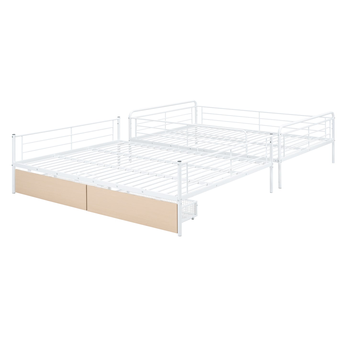 White metal twin daybed frame with pullout trundle and wood grain drawers