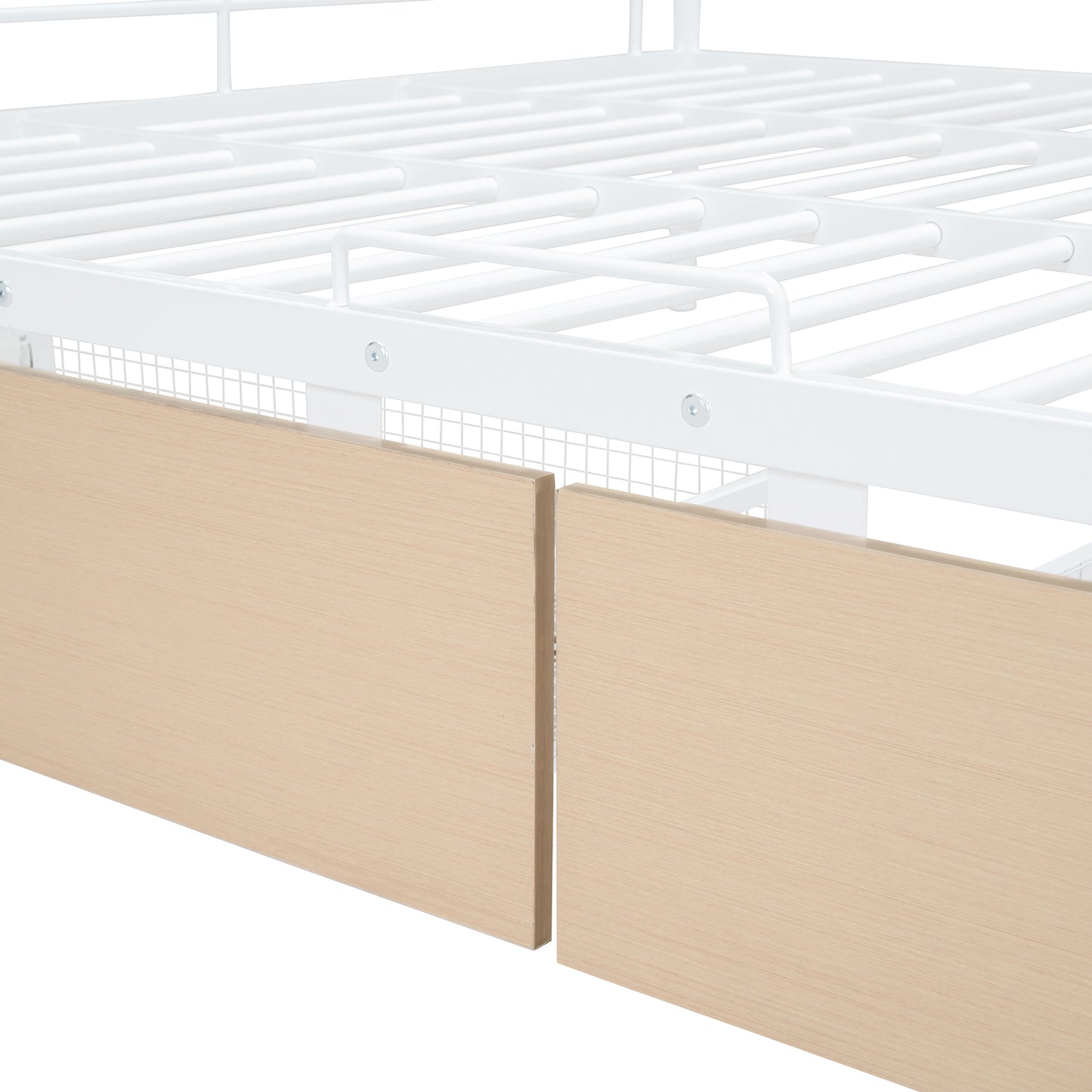 Closeup of light wood grain panels for a modern bed frame
