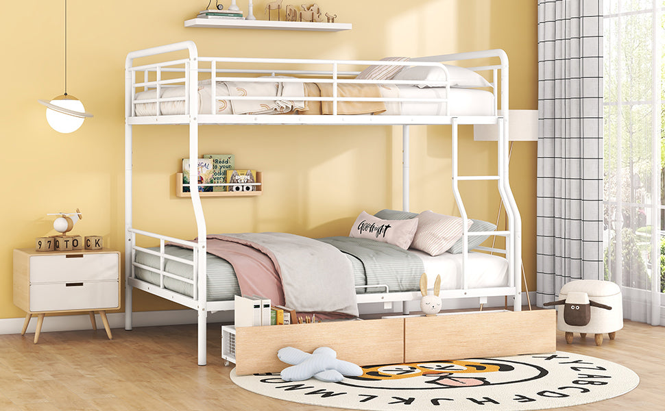 White metal twin over twin bunk bed with ladder