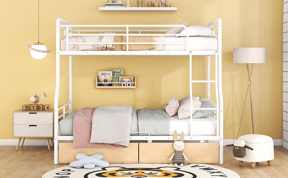 White metal twin over twin bunk bed with storage drawers and ladder