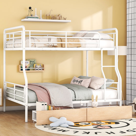 White metal twin over twin bunk bed with storage drawers
