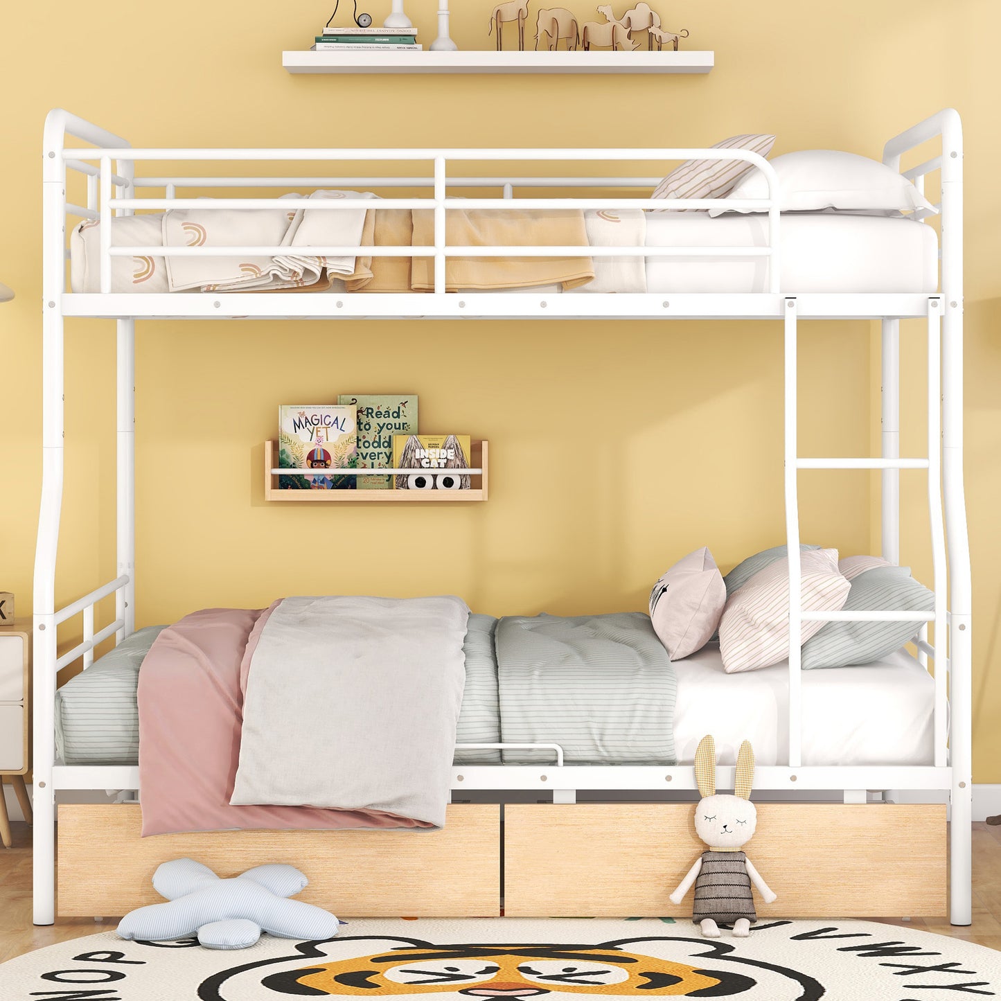 White metal bunk bed with wooden drawers and rainbow bedding
