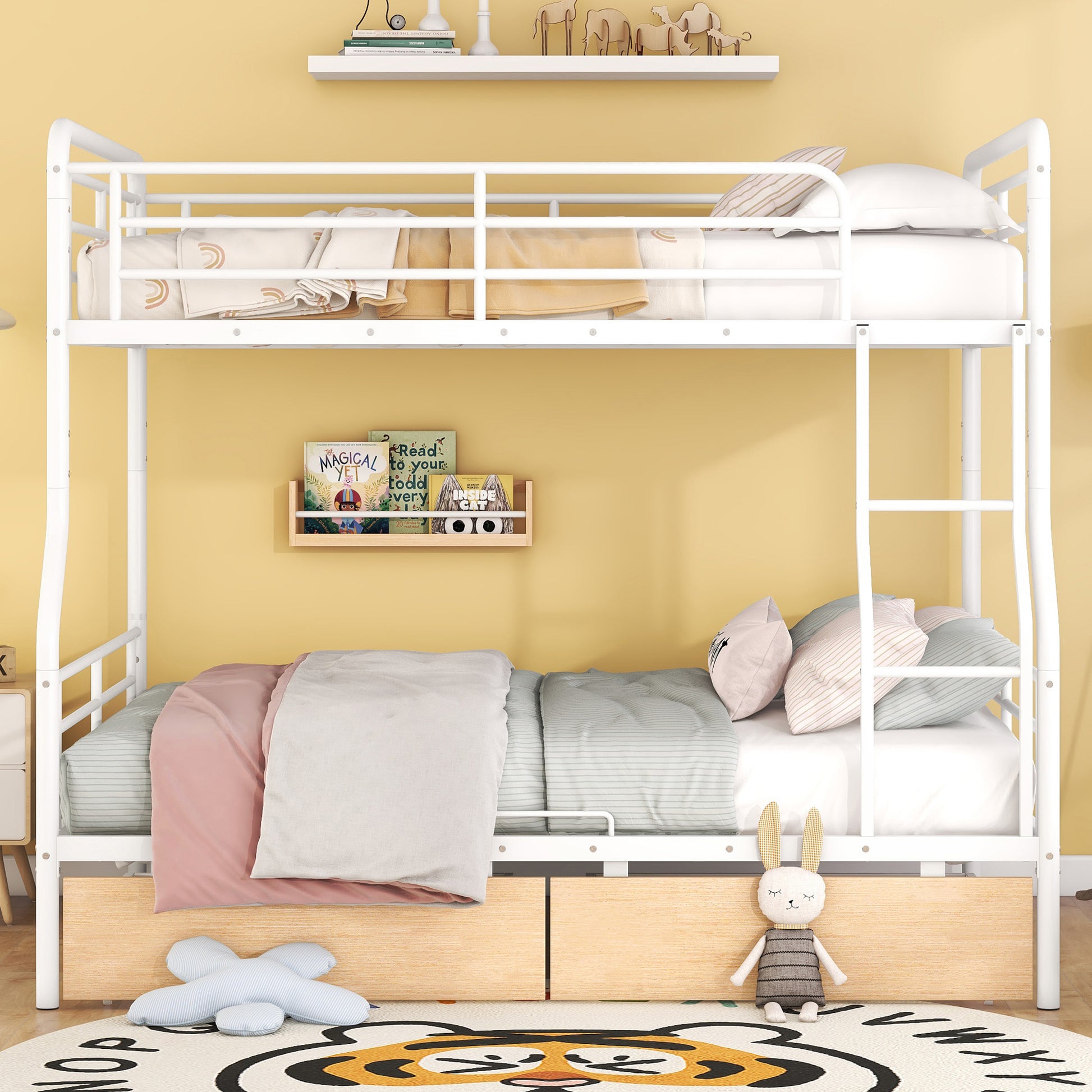White metal bunk bed with wooden drawers and rainbow bedding