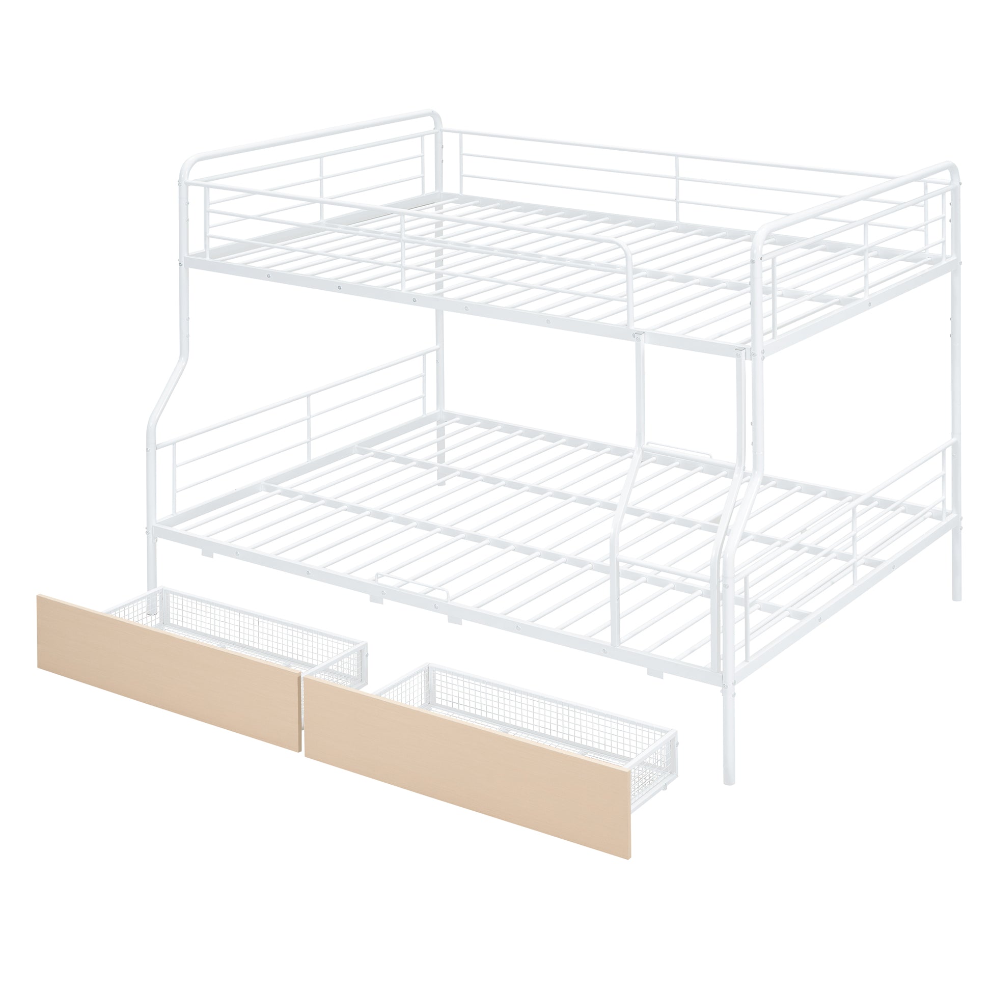 White metal twin over twin bunk bed with two woodlook drawers