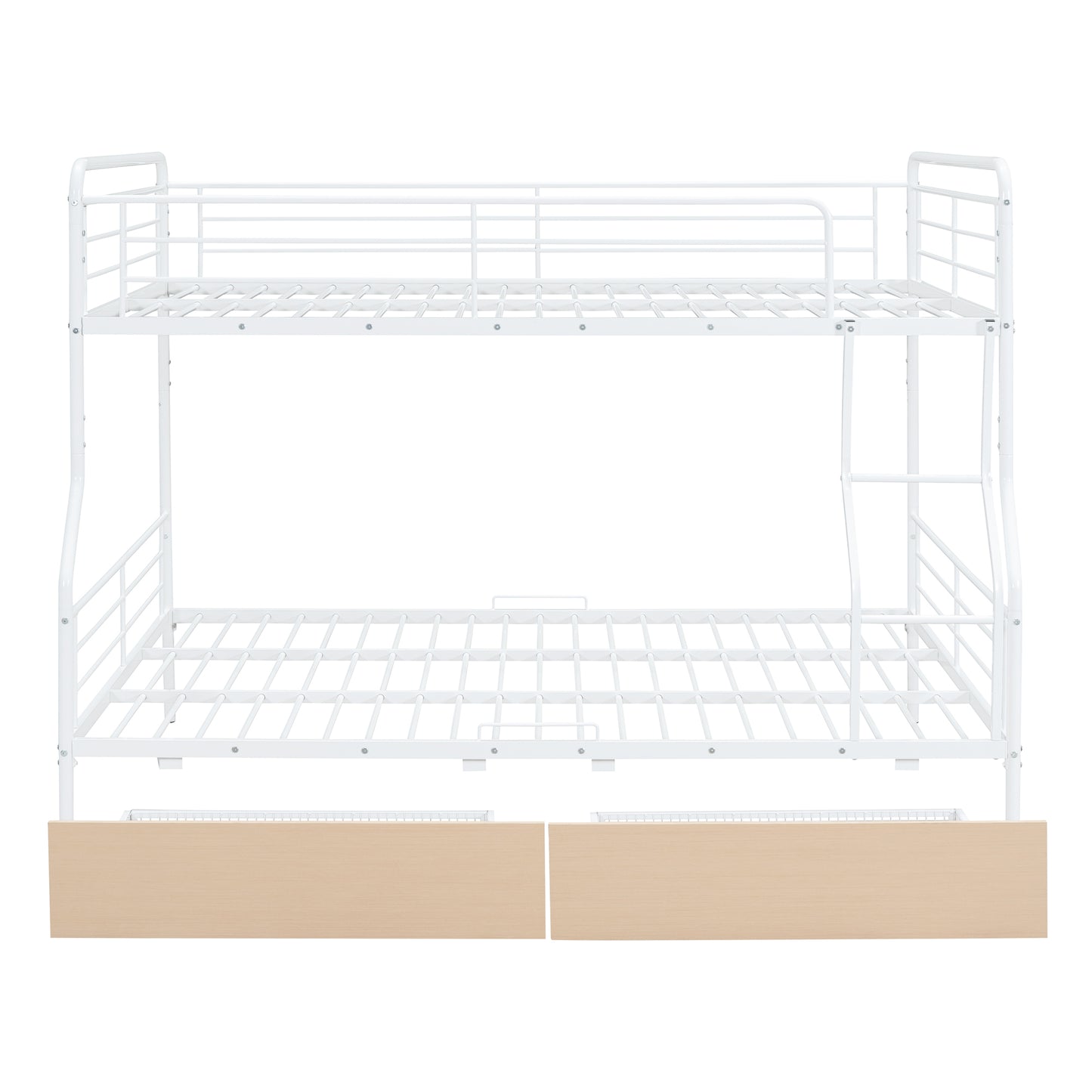 White metal twin over twin bunk bed with integrated ladder and light wood drawers for children