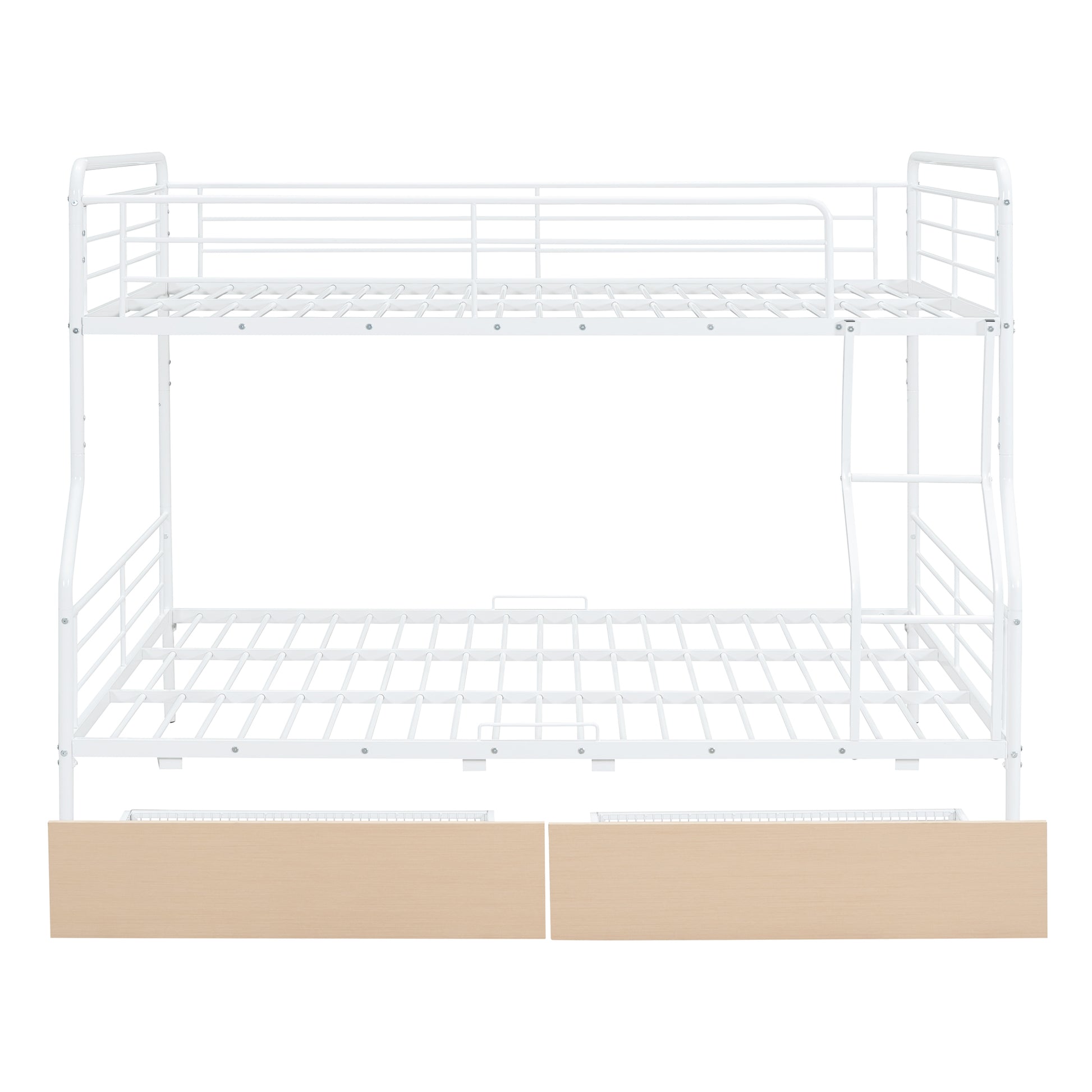 White metal twin over twin bunk bed with integrated ladder and light wood drawers for children