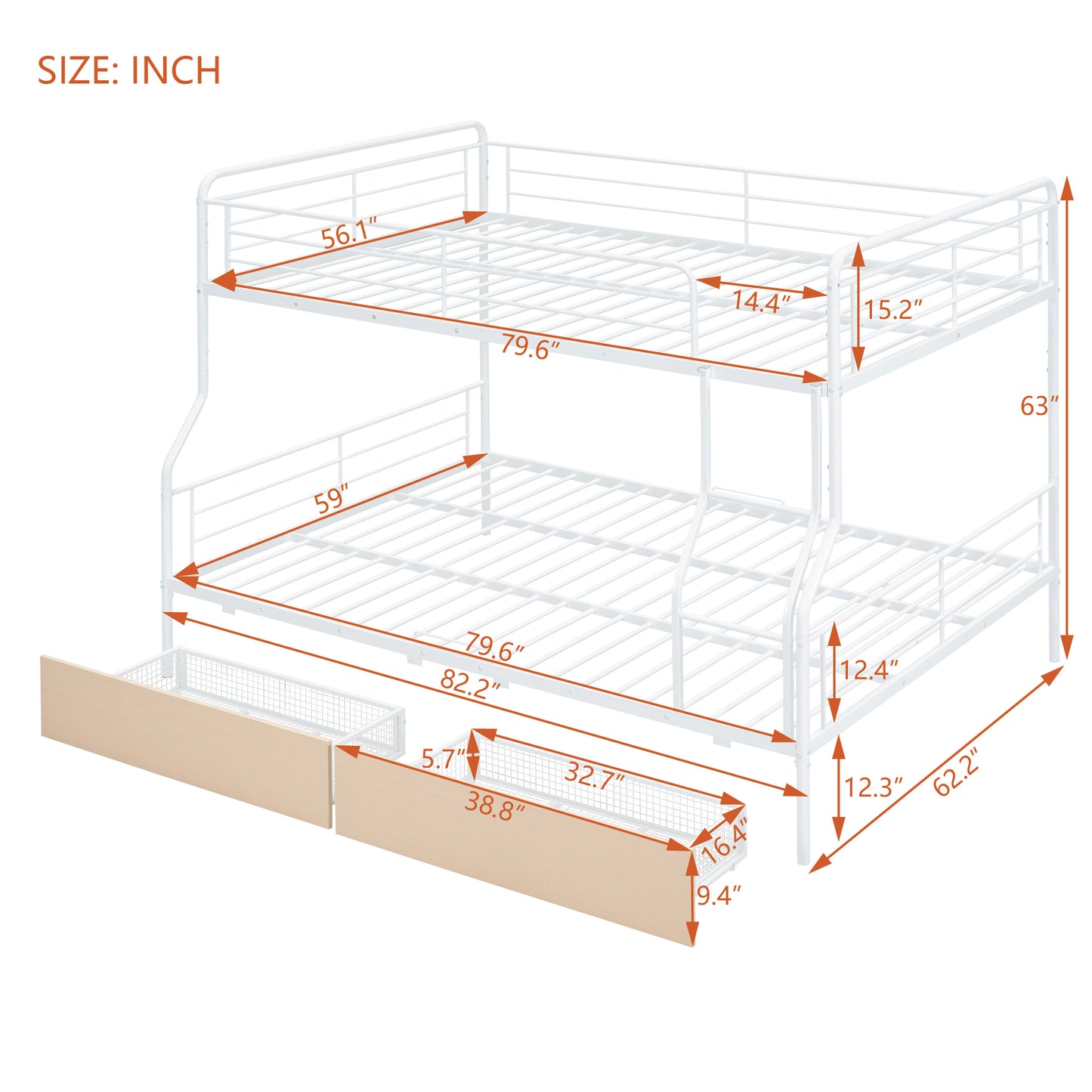 White metal bunk bed with dimensions and drawers