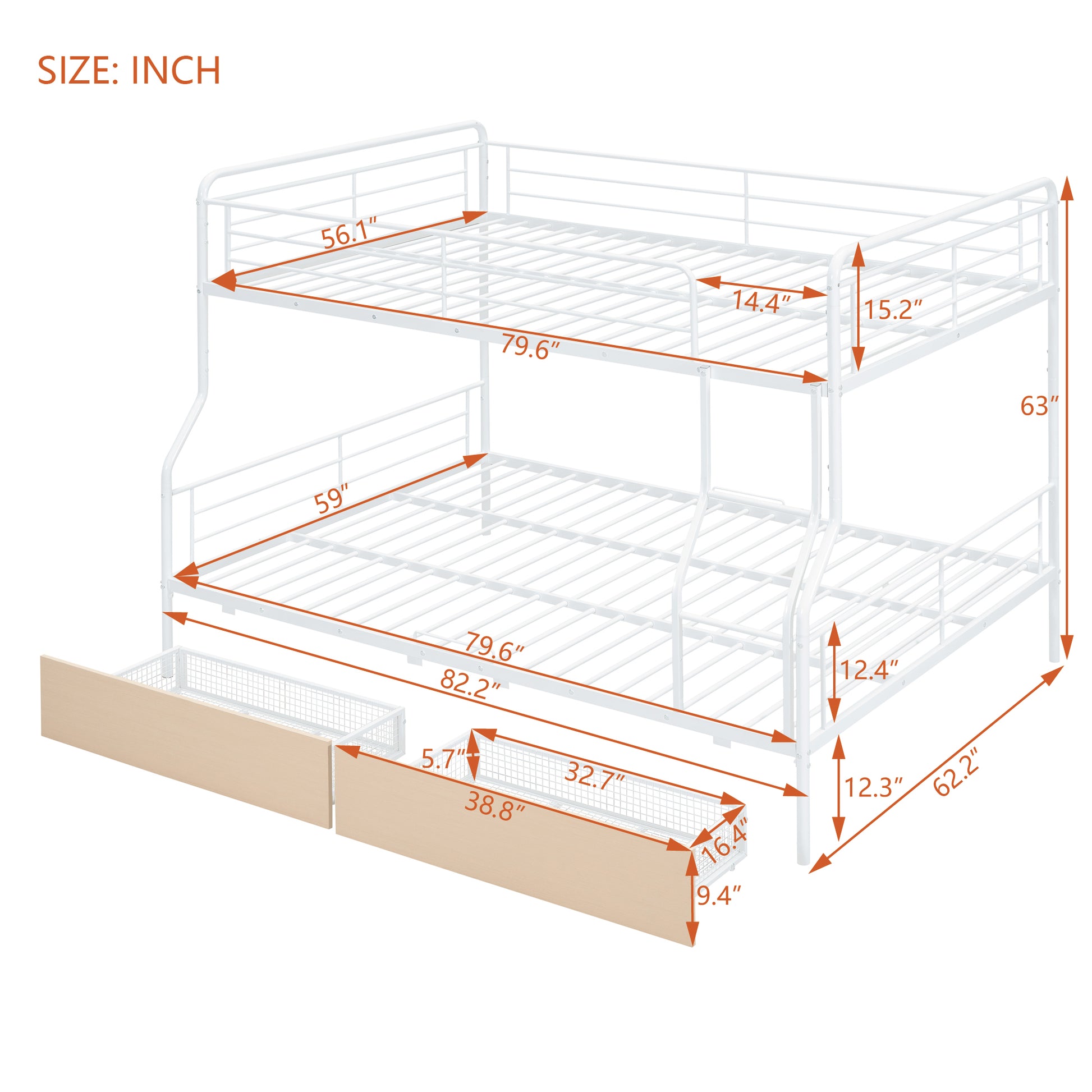 White metal bunk bed with dimensions and drawers