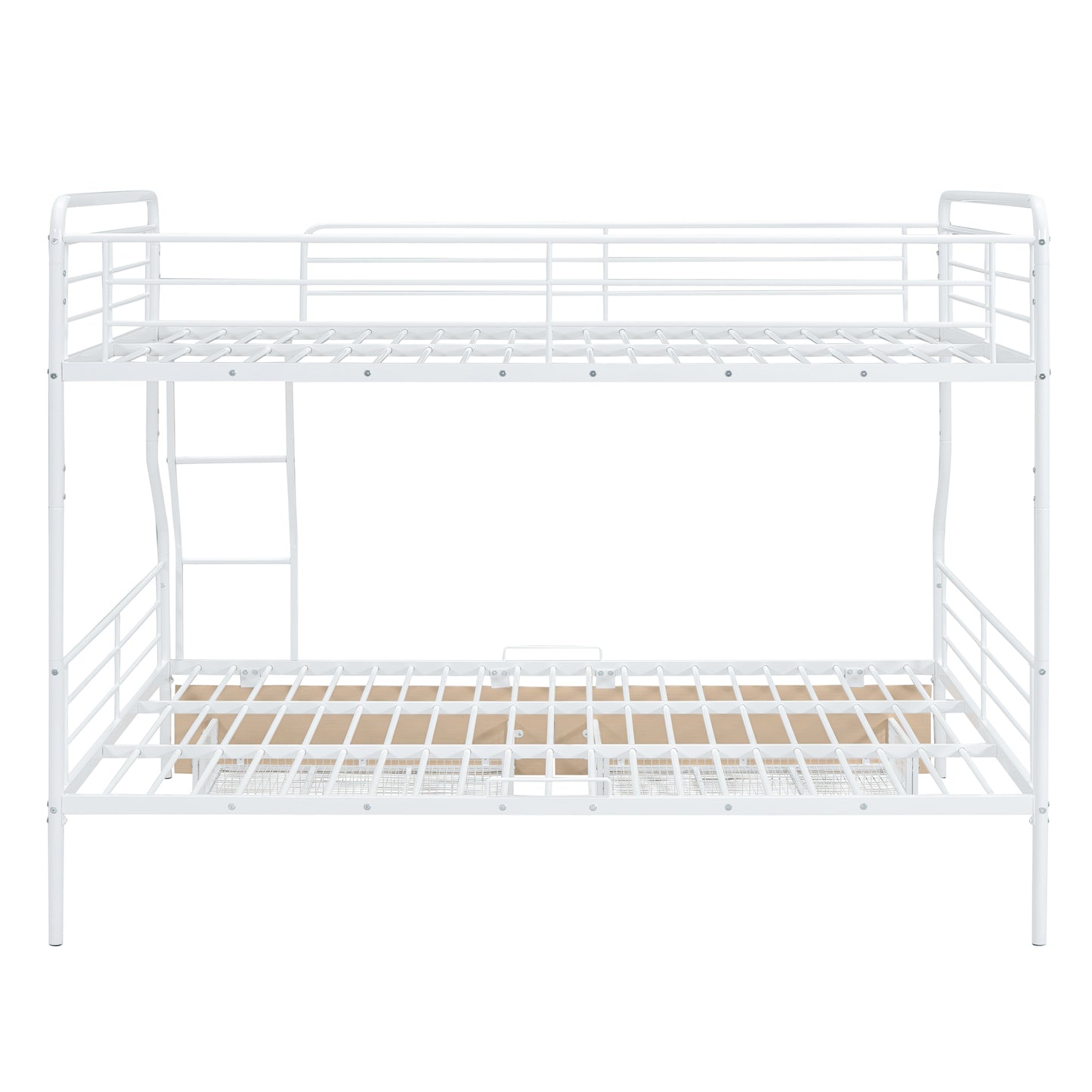 White metal bunk bed with ladder and fullsize lower bunk