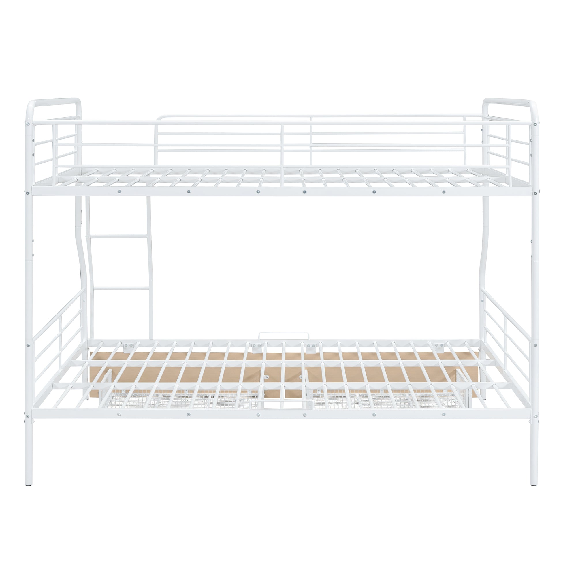 White metal bunk bed with ladder and fullsize lower bunk