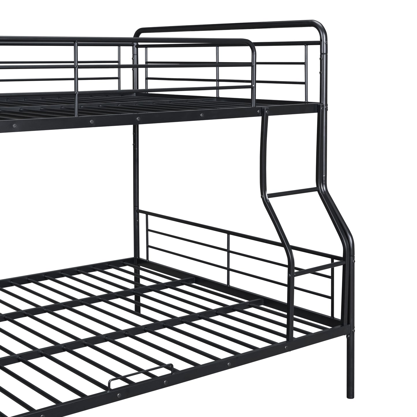 Black metal triple bunk bed with sturdy frame and integrated ladder