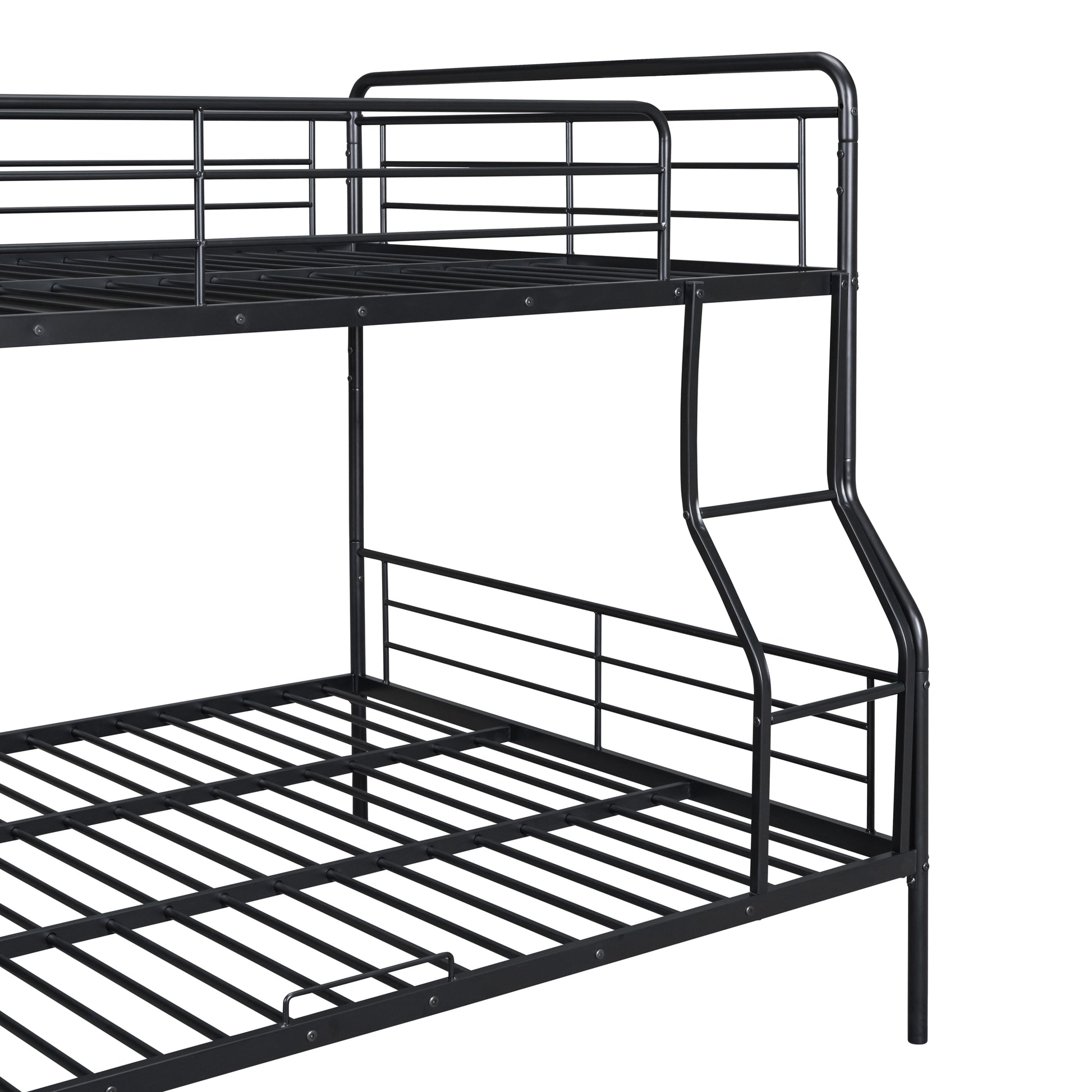 Black metal triple bunk bed with sturdy frame and integrated ladder
