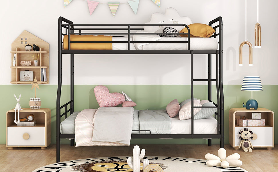 Black metal twin over twin bunk bed with safety rails and ladder for kids bedroom