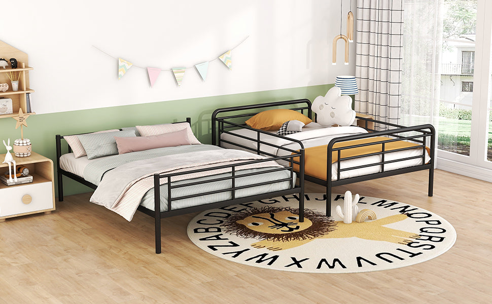 Black metal bunk bed with orange and yellow bedding