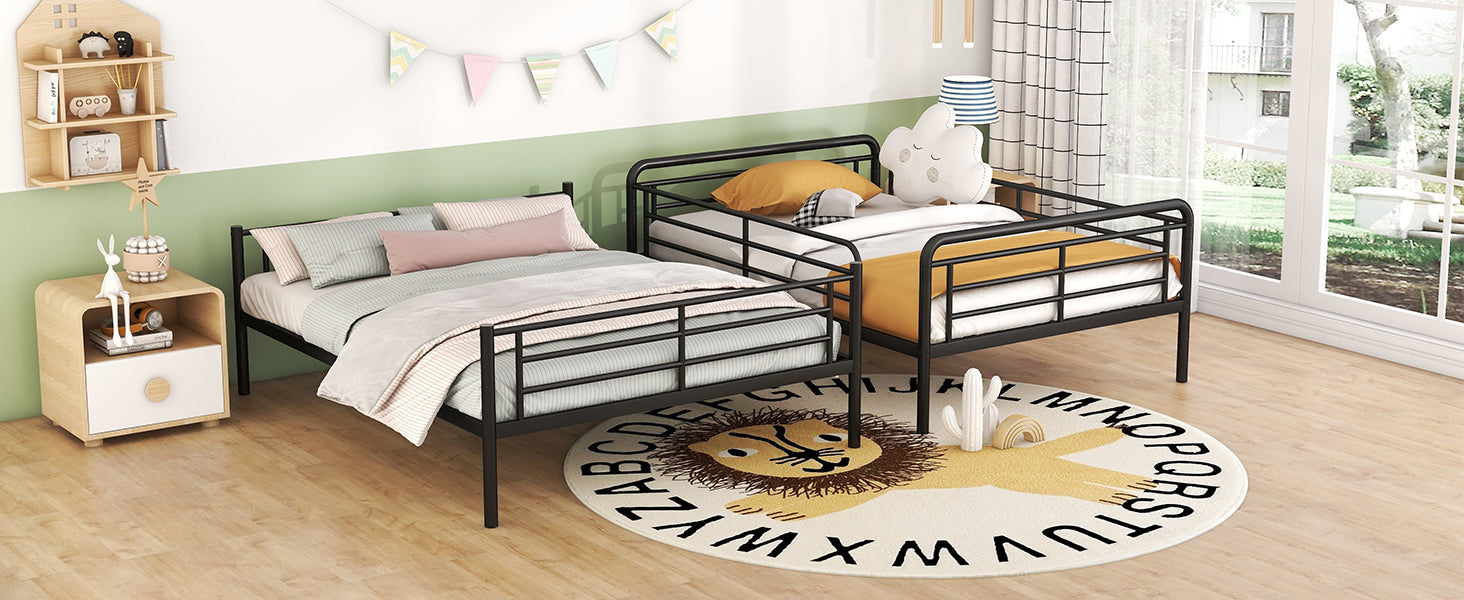 Black metal twin bed with bedding and pillows