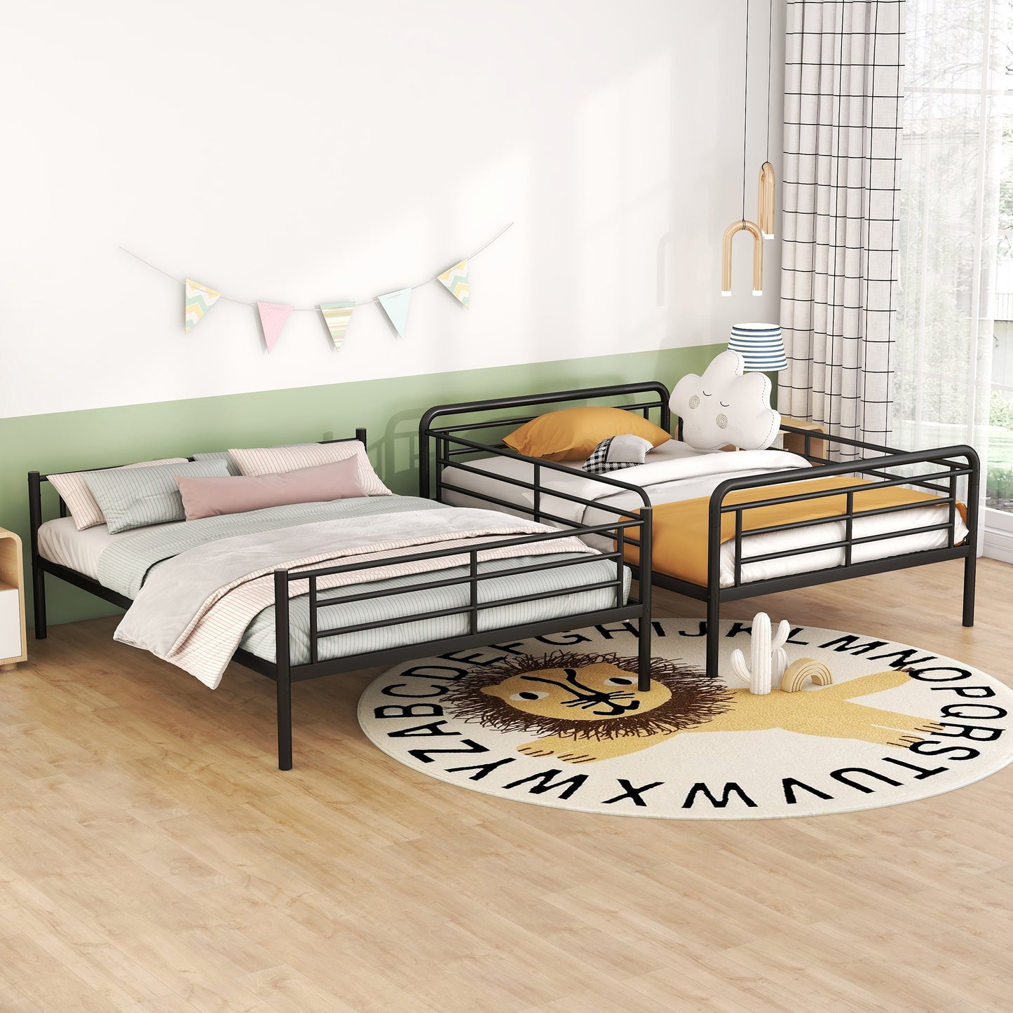 Black metal twin bed frame with rounded headboard and footboard