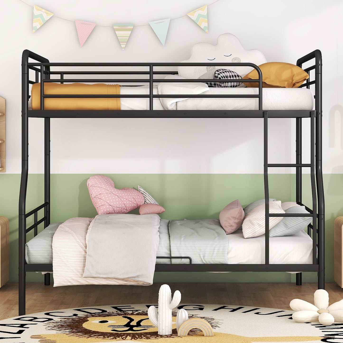 Black metal twin over twin bunk bed with ladder and bedding