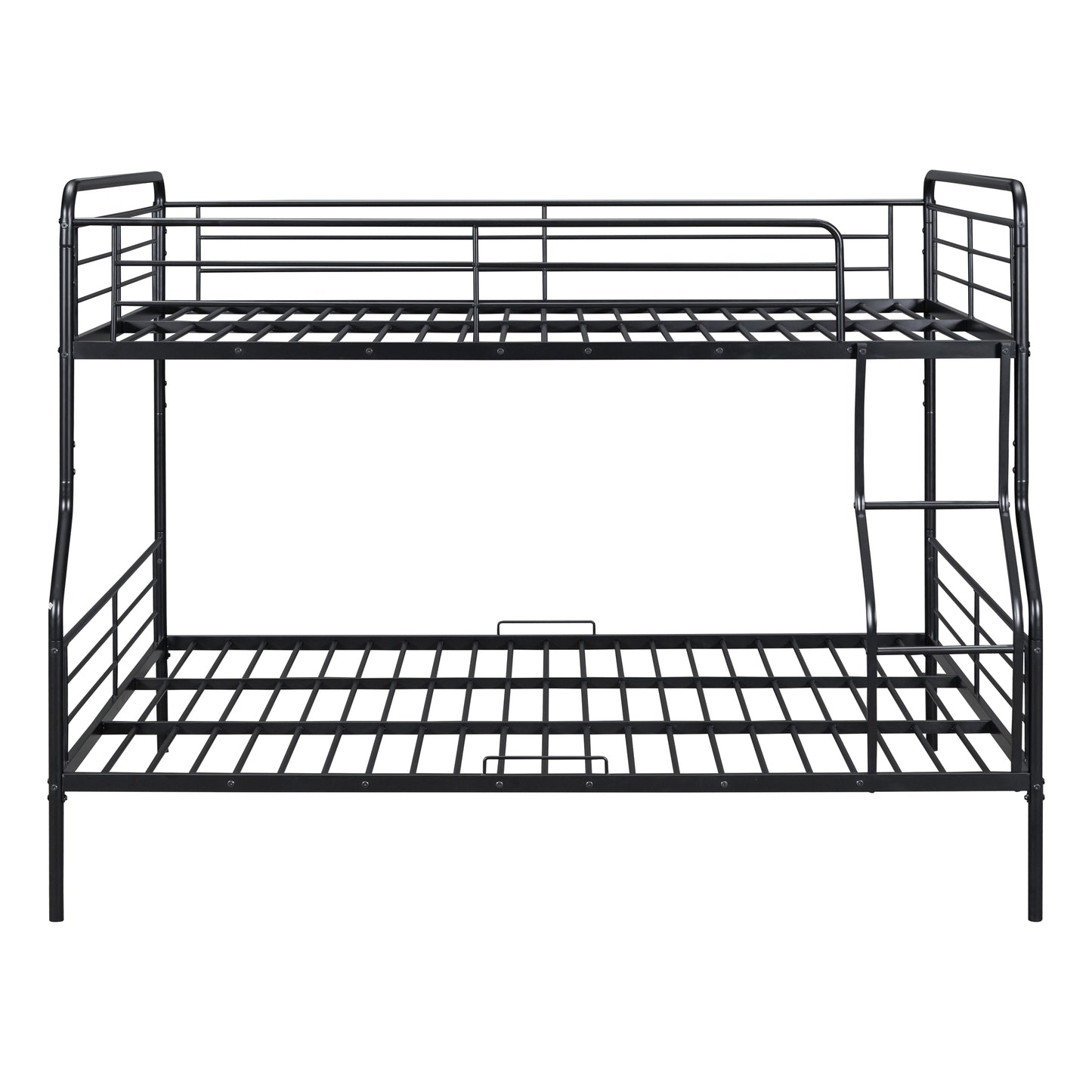 Black metal twin over twin bunk bed with ladder and guardrails