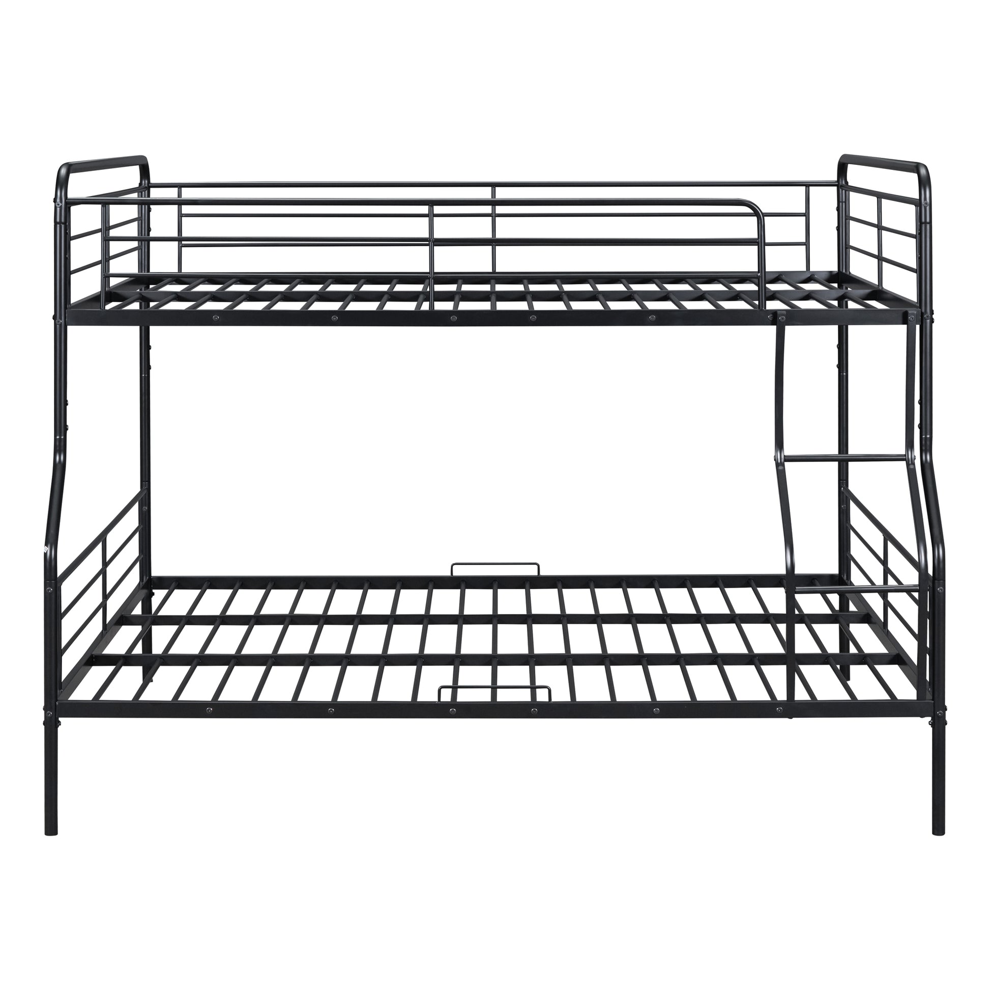 Black metal twin over twin bunk bed with ladder and guardrails
