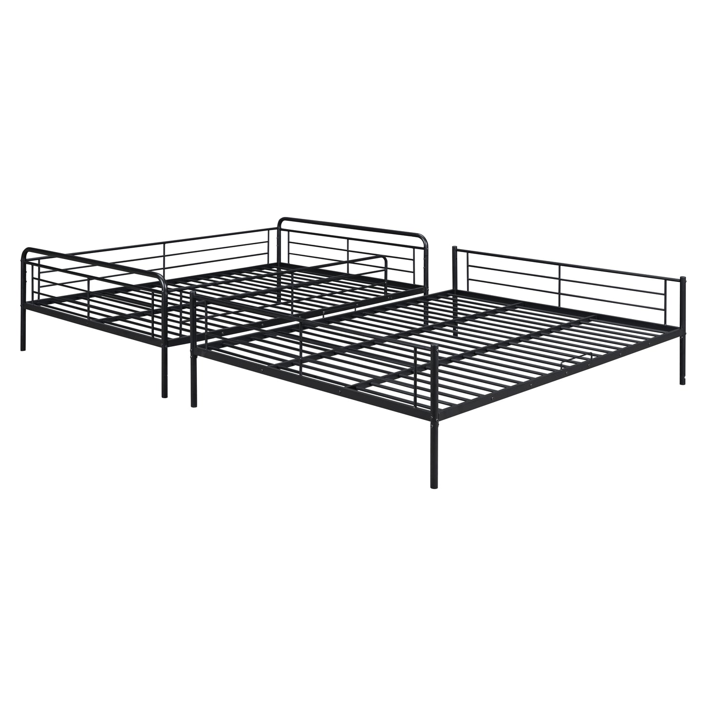 Black metal twin bunk bed frame with guardrails on top bunk