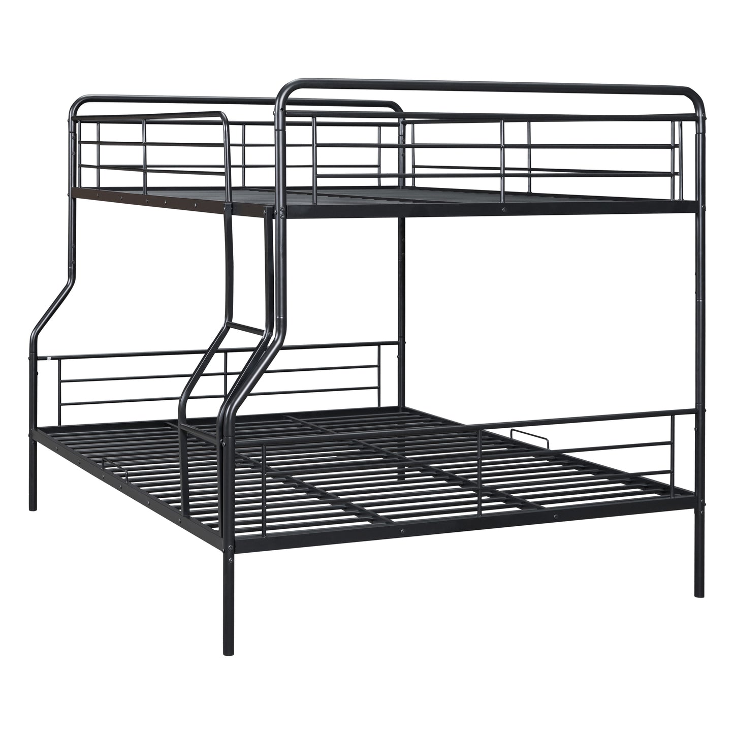 Black metal triple bunk bed with guardrails on top bunk and ladder
